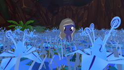 Size: 1920x1080 | Tagged: safe, artist:moon flower, imported from derpibooru, screencap, oc, oc only, oc:moon flower, pony, 16:9, 2018, ambiguous gender, blue body, blue eyes, blue fur, digital art, equine, evershade forest (legends of equestria), evershade forest: moonlight (legends of equestria), flower, front view, fur, grass, grey hair, hair, hasbro, hill, hooves, legends of equestria, logo, lying down, mammal, meadow, night, outdoors, plant, poison joke (mlp), rock, sitting, sky, solo, solo ambiguous, starry night, stars, three-quarter view, tree, video game, wallpaper