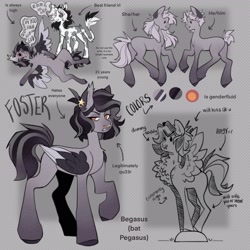 Size: 2048x2048 | Tagged: safe, artist:dejji_vuu, imported from derpibooru, oc, oc only, oc:foster, bat pony, hybrid, pegasus, pony, angy, bat pony pegasus, colored wings, genderfluid, high, nose piercing, nose ring, piercing, reference sheet, solo, two toned wings, wings