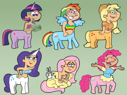 Size: 2272x1704 | Tagged: safe, artist:cookie-lovey, imported from derpibooru, angel bunny, applejack, fluttershy, pinkie pie, rainbow dash, rarity, twilight sparkle, centaur, rabbit, 2012, animal, belly button, blushing, book, breasts, centaurified, cleavage, cowboy hat, eyes closed, female, green background, hat, looking at you, mane six, midriff, missing cutie mark, open arms, open mouth, open smile, reading, simple background, smiling, smiling at you, species swap, straw in mouth, style emulation, the fairly oddparents