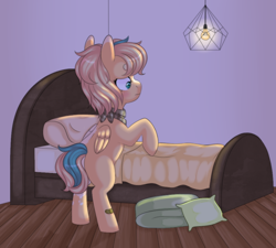 Size: 1000x900 | Tagged: safe, artist:veincchi, imported from derpibooru, oc, oc only, oc:sun light, pegasus, pony, bandana, bed, bedroom, blushing, coat markings, female, filly, foal, mare, pillow, solo