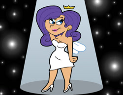 Size: 1134x878 | Tagged: safe, artist:cookie-lovey, imported from derpibooru, rarity, fairy, human, 2012, arm behind head, bedroom eyes, black background, breasts, busty rarity, cleavage, clothes, dress, ear piercing, earring, fairyized, high heels, humanized, jewelry, lipstick, piercing, shoes, simple background, smiling, solo, spotlight, style emulation, the fairly oddparents, wide hips