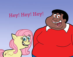 Size: 1016x787 | Tagged: safe, artist:cookie-lovey, imported from derpibooru, fluttershy, human, pegasus, pony, .mov, 2012, blue background, crossover, duo, duo male and female, fat albert and the cosby kids, female, fluttershed, looking at you, male, mare, open mouth, open smile, simple background, smiling, smiling at you, style emulation, talking, teeth, text, the fairly oddparents
