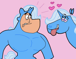 Size: 1016x787 | Tagged: safe, artist:cookie-lovey, imported from derpibooru, trixie, human, pony, unicorn, 2012, concerned, crossover, disguise, duo, duo male and female, female, floating heart, frown, heart, heart eyes, major man, male, mare, muscles, muscular male, offscreen character, open mouth, open smile, pink background, simple background, smiling, style emulation, the fairly oddparents, the powerpuff girls, tongue out, wingding eyes
