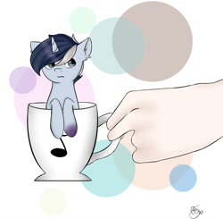 Size: 966x948 | Tagged: safe, artist:ponytea, imported from derpibooru, oc, oc only, oc:bronyast, pony, unicorn, cup, cup of pony, hand, micro, mug, solo