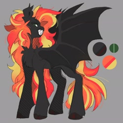 Size: 2048x2048 | Tagged: safe, artist:dejji_vuu, imported from derpibooru, oc, oc only, oc:remedy rose, bat pony, pony, cloven hooves, gray background, reference sheet, sharp teeth, simple background, solo, teeth