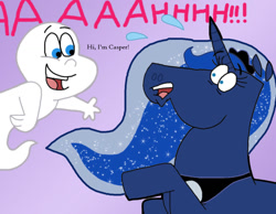 Size: 1016x787 | Tagged: safe, artist:cookie-lovey, imported from derpibooru, princess luna, alicorn, ghost, pony, undead, 2012, casper, casper the friendly ghost, crossover, duo, duo male and female, female, male, mare, nervous sweat, open mouth, open smile, purple background, raised hoof, scared, screaming, simple background, smiling, style emulation, sweat, the fairly oddparents, waving
