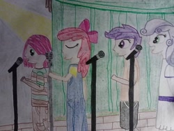 Size: 960x720 | Tagged: safe, artist:justaviewer, imported from derpibooru, apple bloom, babs seed, scootaloo, sweetie belle, human, cutie mark crusaders, humanized, singing