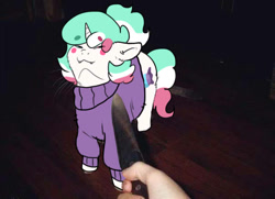 Size: 604x438 | Tagged: safe, artist:h0rsefeathers, imported from derpibooru, oc, oc only, pony, unicorn, irl, knife, meme, photo, solo