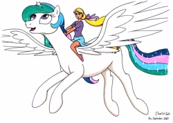 Size: 3487x2484 | Tagged: safe, artist:killerteddybear94, imported from derpibooru, princess celestia, oc, alicorn, human, pony, cute, cutelestia, duo, flying, human oc, humans riding ponies, non-mlp oc, riding, riding a pony, spread wings, traditional art, wings