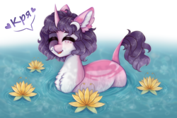 Size: 3000x2000 | Tagged: safe, artist:saltyvity, imported from derpibooru, oc, oc only, pony, unicorn, blushing, cute, draw your style, ear fluff, embarrassed, flower, fluffy, haircut, happy, happy face, heart, lotus (flower), moon, pink body, purple hair, quack, siatika, solo, sparkles, water, white body