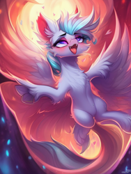 Size: 768x1024 | Tagged: safe, imported from derpibooru, pegasus, ahegao, ai content, ai generated, cutes, detailed background, generator:stable diffusion, heart, large wings, open mouth, tongue out, unknown character, wings