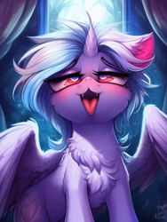 Size: 768x1024 | Tagged: safe, imported from derpibooru, alicorn, ahegao, ai content, ai generated, cute, detailed background, generator:stable diffusion, heart, open mouth, tongue out, unknown character