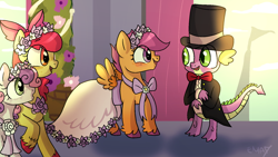 Size: 1600x900 | Tagged: safe, artist:sunniesfunthecupcake, imported from derpibooru, apple bloom, scootaloo, spike, sweetie belle, dragon, earth pony, pegasus, pony, unicorn, a canterlot wedding, amber eyes, bowtie, clothes, cutie mark crusaders, cylinder hat, dress, eye clipping through hair, female, flower filly, flower girl, flower girl dress, green eyes, happy, hat, looking at each other, looking at someone, male, orange coat, purple eyes, raised hoof, royal wedding, scales, scootaspike, shipping, smiling, spread wings, standing, straight, suit, top hat, tuxedo, wedding dress, white coat, wings, yellow coat