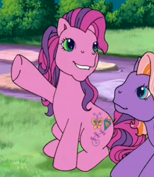 Size: 352x403 | Tagged: safe, imported from derpibooru, screencap, skywishes, earth pony, pony, cropped, duo, g3, on ground, outdoors, raised leg, sitting, smiling