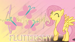 Size: 1920x1080 | Tagged: artist needed, safe, artist:blackgryph0n, artist:bronyyay123, edit, imported from derpibooru, fluttershy, pegasus, pony, cutie mark, eyes closed, female, gradient background, mare, name, open mouth, open smile, raised hoof, shadow, smiling, solo, spread wings, wallpaper, wallpaper edit, wings
