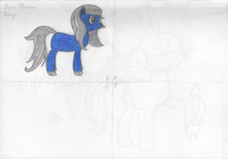 Size: 1637x1141 | Tagged: safe, artist:moon flower, imported from derpibooru, oc, oc only, oc:moon flower, pony, 2018, ambiguous gender, blue body, blue eyes, blue fur, colored, colored pencil drawing, dialogue, english, equine, fur, grey hair, hair, handwriting, hasbro, hooves, mammal, mane, pencil drawing, reference sheet, side view, simple background, solo, solo ambiguous, tail, text, traditional art, white background, wip