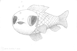 Size: 1920x1286 | Tagged: safe, artist:moon flower, imported from derpibooru, oc, oc only, fish, 2020, ambiguous gender, bubble, feral, fins, gills, grayscale, logo, monochrome, moon flower logo, open mouth, pencil drawing, scales, side view, signature, simple background, solo, solo ambiguous, three-quarter view, traditional art, unnamed character, white background