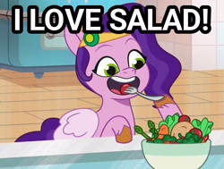 Size: 2281x1727 | Tagged: safe, edit, edited screencap, imported from derpibooru, screencap, pipp petals, pegasus, pony, spoiler:g5, spoiler:my little pony: tell your tale, spoiler:tyts01e49, eating, female, food, fork, g5, herbivore, mare, mission imponable, my little pony: tell your tale, open mouth, open smile, salad, smiling, solo