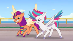 Size: 3072x1727 | Tagged: safe, imported from derpibooru, screencap, sunny starscout, zipp storm, alicorn, pegasus, pony, spoiler:g5, spoiler:my little pony: tell your tale, spoiler:tyts01e49, duo, duo female, female, g5, grin, mare, mission imponable, my little pony: tell your tale, race swap, smiling, spread wings, sunnycorn, wings