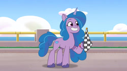 Size: 3072x1727 | Tagged: safe, imported from derpibooru, screencap, izzy moonbow, pony, unicorn, spoiler:g5, spoiler:my little pony: tell your tale, spoiler:tyts01e49, checkered flag, female, g5, grin, mare, mission imponable, my little pony: tell your tale, smiling, solo