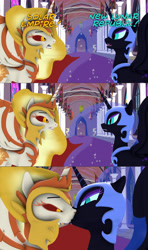 Size: 3840x6480 | Tagged: safe, artist:wissle, imported from derpibooru, daybreaker, nightmare moon, princess celestia, princess luna, alicorn, pony, 3d, absurd resolution, and then sex happened, angry, banner, comic, evil princest, eyes open, female, fight, full comic, hallway, incest, kiss on the lips, kissing, lesbian, looking at each other, looking at someone, mare, meta, new lunar republic, pillar, princest, royal sisters, shipping, siblings, sisters, solar empire, source filmmaker, statue, text, yelling