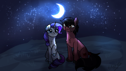 Size: 1600x900 | Tagged: safe, artist:sunniesfunthecupcake, imported from derpibooru, rarity, oc, pony, black mane, black tail, chest fluff, date, heart, looking at the sky, moon, night, purple mane, purple tail, red coat, sitting, smiling, stars, tail, white coat
