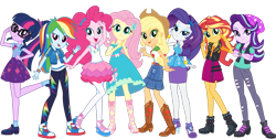 Size: 1471x742 | Tagged: safe, imported from derpibooru, applejack, fluttershy, pinkie pie, rainbow dash, rarity, sci-twi, starlight glimmer, sunset shimmer, twilight sparkle, human, equestria girls, equestria girls series, barrette, beanie, belt, boots, bowtie, clothes, converse, cowboy hat, crossed arms, cutie mark on clothes, denim, denim skirt, eyeshadow, flirting, fluttershy boho dress, frilly design, geode of empathy, geode of fauna, geode of shielding, geode of sugar bombs, geode of super speed, geode of super strength, geode of telekinesis, hairband, hat, high heels, humane eight, humane five, humane seven, humane six, jeans, jewelry, looking at you, magical geodes, makeup, necklace, open-toed shoes, pants, pantyhose, pendant, polo shirt, ponytail, pose, rah rah skirt, rarity peplum dress, ripped jeans, ripped pants, shirt, shoes, shoulderless shirt, skirt, sleeveless, sleeveless tank top, smiling, smiling at you, sneakers, socks, stetson, sweatpants, tanktop, torn clothes