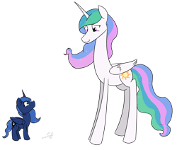 Size: 2552x2160 | Tagged: safe, artist:soccy, imported from derpibooru, princess celestia, princess luna, alicorn, pony, ethereal mane, height difference, looking at each other, looking at someone, looking up, royal sisters, siblings, simple background, sisters, size difference, smiling, tallestia, transparent background
