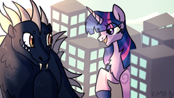 Size: 1600x900 | Tagged: safe, artist:sunniesfunthecupcake, imported from derpibooru, twilight sparkle, pony, unicorn, eye clipping through hair, giant pony, giant unicorn, looking at each other, looking at someone, macro, monster, multicolored mane, purple coat, purple eyes, purple mane, raised hoof, smiling