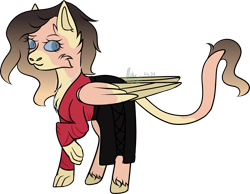 Size: 3847x2988 | Tagged: safe, artist:thecommandermiky, imported from derpibooru, oc, oc only, oc:reagan, hybrid, pegasus, pony, cheek fluff, chest fluff, clothes, female, hybrid oc, long tail, looking away, mare, paws, pegasus oc, red shirt, short hair, short mane, simple background, skirt, smiling, solo, spots, tail, transparent background, wings