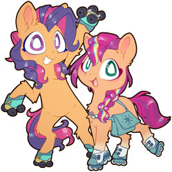 Size: 4488x4504 | Tagged: safe, artist:cutepencilcase, imported from derpibooru, scootaloo (g3), sunny starscout, earth pony, pony, absurd resolution, bag, bipedal, cute, duo, duo female, female, g3, g3 cutealoo, g5, looking at you, mare, open mouth, open smile, roller skates, rollerblades, simple background, skates, smiling, smiling at you, sunnybetes, transparent background, white pupils