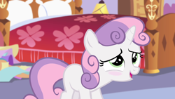 Size: 1280x720 | Tagged: safe, imported from derpibooru, screencap, sweetie belle, pony, unicorn, for whom the sweetie belle toils, bed, blushing, cute, diasweetes, female, filly, foal, solo