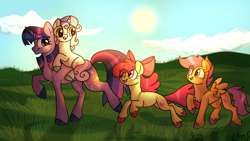 Size: 1600x900 | Tagged: safe, artist:sunniesfunthecupcake, imported from derpibooru, apple bloom, scootaloo, sweetie belle, earth pony, pegasus, pony, unicorn, amber eyes, bow, cutie mark crusaders, day, eye clipping through hair, female, filly, foal, grass, grass field, green eyes, hair bow, happy, jumping, looking at each other, looking at someone, mare, multicolored mane, multicolored tail, open mouth, pink mane, pink tail, ponies riding ponies, purple eyes, purple mane, purple tail, red mane, red tail, riding, smiling, spread wings, sun, sweetie belle riding twilight, tail, trotting, wings