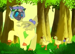 Size: 1328x967 | Tagged: safe, artist:iamsmileo, imported from derpibooru, oc, oc only, bird, duck, earth pony, pony, forest, onesie