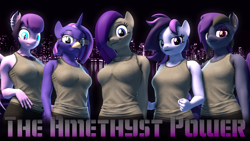 Size: 3840x2160 | Tagged: safe, artist:dangerousdpad, imported from derpibooru, oc, oc:empathy, oc:kylie astra, oc:moonshine, oc:nikky, oc:raven storm, anthro, bat pony, earth pony, unicorn, 3d, clothes, purple, source filmmaker, tanktop