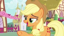 Size: 2560x1440 | Tagged: safe, imported from derpibooru, screencap, applejack, earth pony, pony, flutter brutter, season 6, lidded eyes, open mouth, solo, sugarcube corner