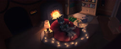 Size: 4590x1849 | Tagged: safe, artist:luneinspace, imported from derpibooru, oc, oc only, oc:tarsi, changeling, beanbag chair, book, bookshelf, changeling oc, commission, fireplace, glasses, indoors, lamp, plushie, reading, solo, string lights, teapot, ych result