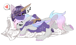 Size: 1612x962 | Tagged: safe, artist:kamokpushok, imported from derpibooru, oc, oc:dreamyway skies, oc:urania, bat pony, pony, unicorn, blanket, commission, horn, horn jewelry, jewelry, one eye closed, pillow, simple background, sleeping, smiling, snuggling, transparent background, wink, your character here