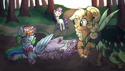 Size: 1600x900 | Tagged: safe, artist:sunniesfunthecupcake, imported from derpibooru, applejack, rainbow dash, rarity, earth pony, pegasus, pony, unicorn, blue eyes, clothes, dress, ear piercing, earring, floral head wreath, flower, forest, green eyes, happy, jewelry, laughing, looking at someone, mud, muddy, multicolored hair, multicolored mane, piercing, purple mane, rainbow hair, shocked, shocked expression, yellow mane