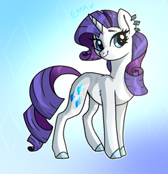 Size: 869x900 | Tagged: safe, artist:sunniesfunthecupcake, imported from derpibooru, rarity, pony, unicorn, blue eyes, gradient background, purple mane, purple tail, smiling, solo, standing, tail