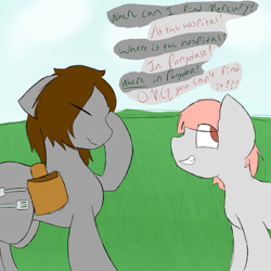 Size: 1024x1024 | Tagged: safe, artist:starstrucksocks, imported from derpibooru, oc, oc only, oc:sweet cheeks, earth pony, pony, bag, eyes closed, eyes open, facepalm, grass, looking sideways, saddle bag, smiling, text