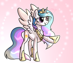 Size: 1058x900 | Tagged: safe, artist:sunniesfunthecupcake, imported from derpibooru, princess celestia, alicorn, pony, chest fluff, eyebrows, eyebrows visible through hair, freckles, hoof shoes, jewelry, magenta eyes, multicolored mane, multicolored tail, raised leg, regalia, simple background, smiling, solo, sparks, spread wings, standing, tail, wings