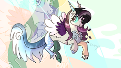 Size: 1600x900 | Tagged: safe, artist:sunniesfunthecupcake, imported from derpibooru, oc, draconequus, hybrid, pegasus, black mane, chest fluff, colored wings, flying, horns, interspecies offspring, offspring, parent:discord, parent:fluttershy, parents:discoshy, purple mane, purple wings, solo, two toned mane, two toned wings, white wings, wings