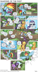 Size: 2000x3752 | Tagged: safe, artist:perfectblue97, imported from derpibooru, applejack, rainbow dash, rarity, twilight sparkle, earth pony, pegasus, pony, unicorn, comic:shadows of the past, angry, butt, censor bar, censored, censored vulgarity, comic, crying, eyes closed, open mouth, plot, speech bubble, tears of pain, teary eyes, tree, unicorn twilight, yelling