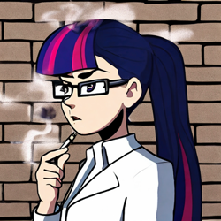 Size: 1024x1024 | Tagged: safe, artist:perfectblue97, imported from derpibooru, sci-twi, twilight sparkle, human, brick wall, cigarette, glasses, humanized, open mouth, smoking