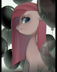 Size: 1700x2160 | Tagged: safe, artist:hosikawa, imported from derpibooru, pinkie pie, earth pony, pony, balloon, female, looking at you, mare, pinkamena diane pie, signature, smiling, smirk, solo