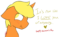 Size: 827x517 | Tagged: safe, artist:starstrucksocks, imported from derpibooru, oc, oc only, pony, unicorn, blushing, eyes open, heart, holiday, horn, pouting, simple background, text, valentine's day, valentine's day card, white background