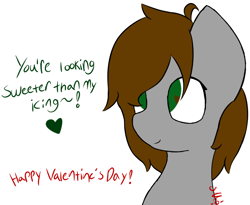 Size: 652x535 | Tagged: safe, artist:starstrucksocks, imported from derpibooru, oc, oc only, oc:sweet cheeks, earth pony, pony, eyes open, female, gray coat, green eyes, mare, signature, simple background, solo, text, white background