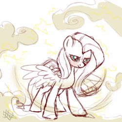 Size: 3000x3000 | Tagged: safe, artist:tersisa, imported from derpibooru, fluttershy, pegasus, pony, cloud, female, high res, mare, sketch, solo, spread wings, wind, wings