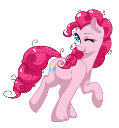 Size: 2510x2676 | Tagged: safe, artist:tersisa, imported from derpibooru, pinkie pie, earth pony, pony, cute, diapinkes, female, high res, mare, one eye closed, open mouth, raised hoof, simple background, solo, teeth, transparent background, wink